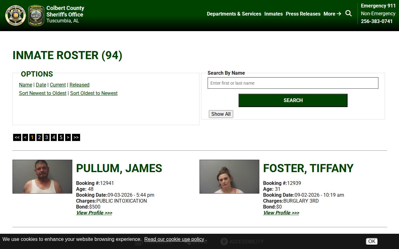 Colbert County current roster showing booking fields and photo display