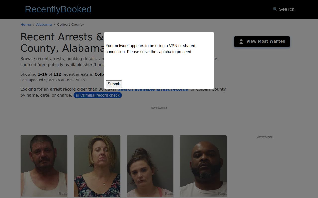 Recently Booked Colbert County third-party recent arrest compilation page