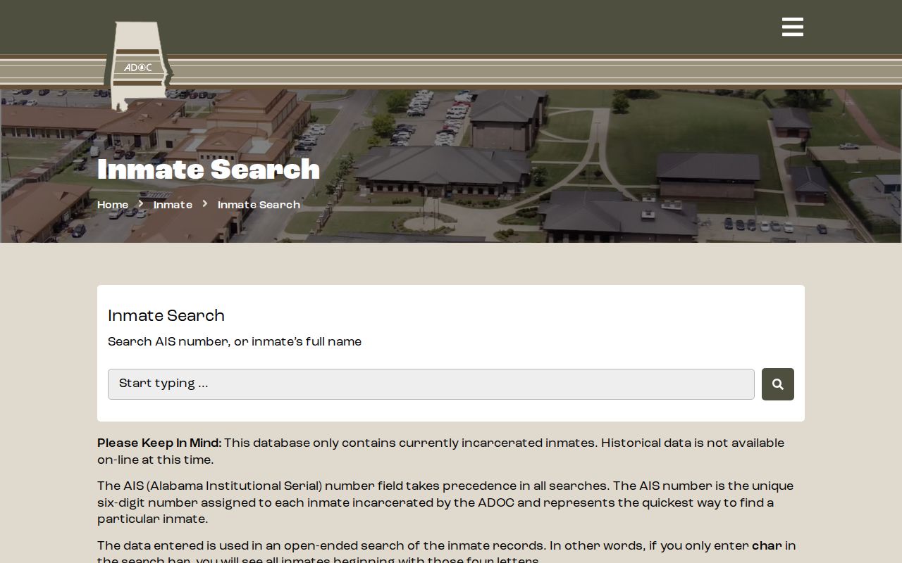 Alabama Department of Corrections inmate search form for state custody