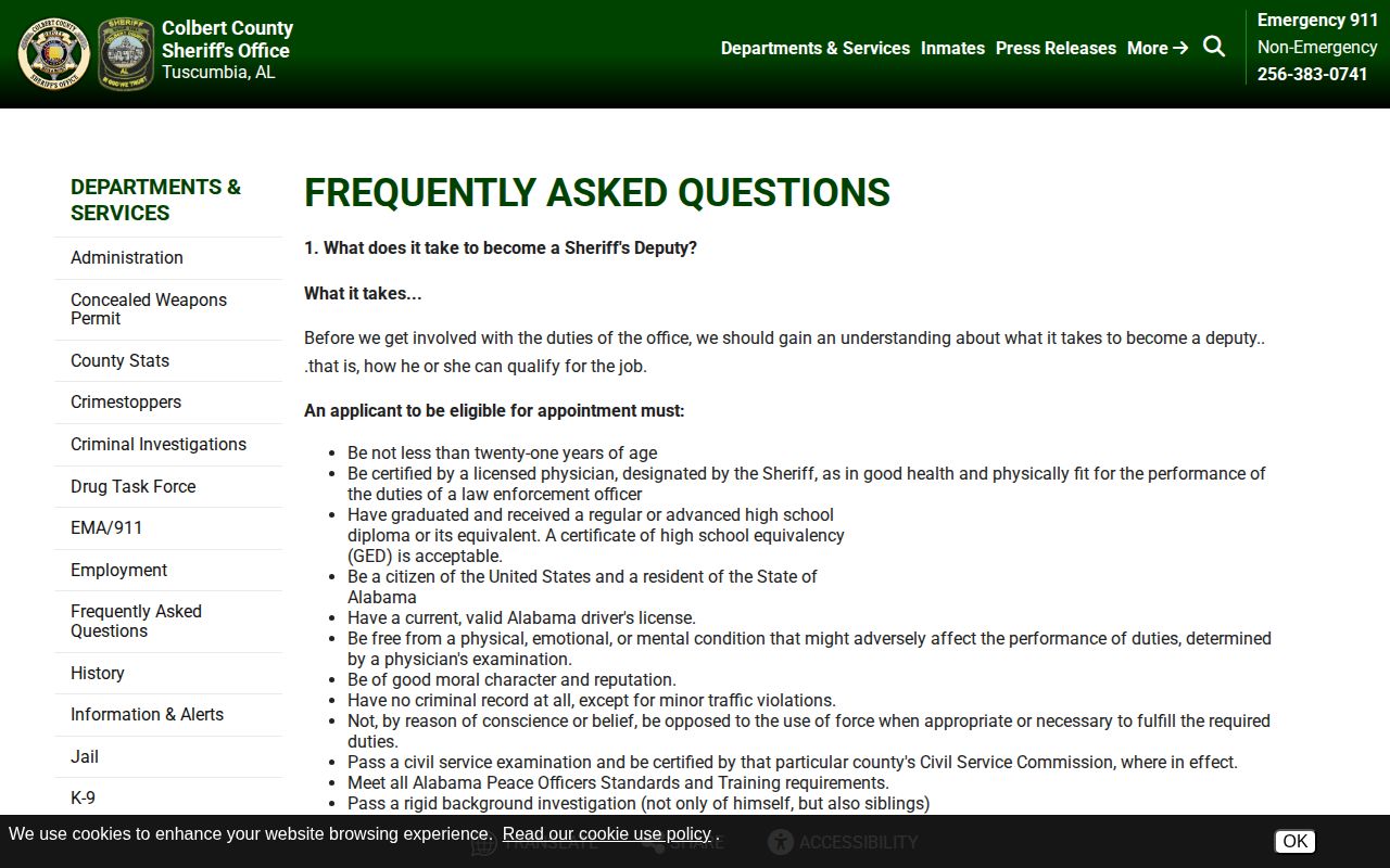 Colbert County sheriff FAQ page describing the Records and Data Bureau booking photos