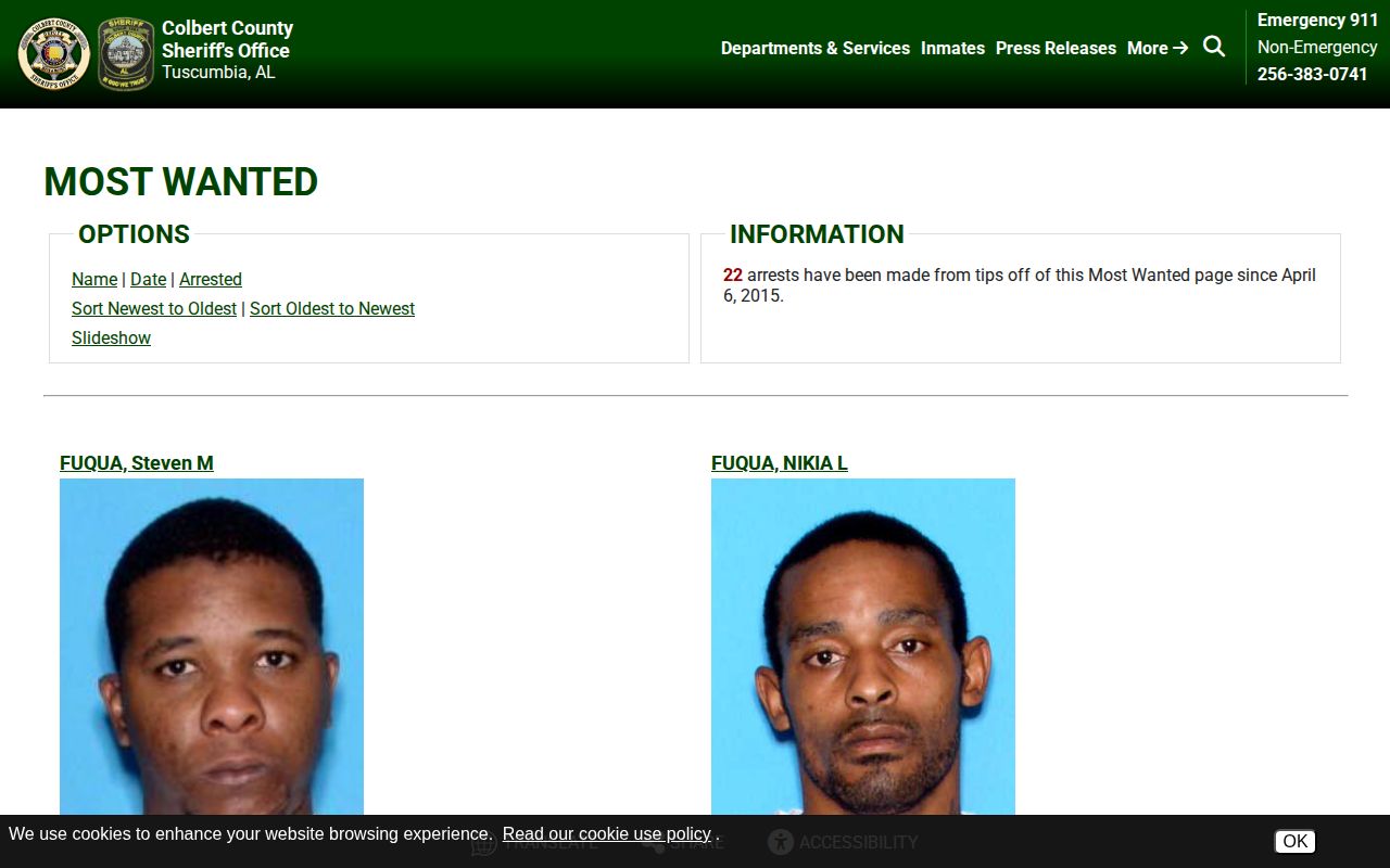 Colbert County sheriff most wanted list page showing photographs and sorting controls