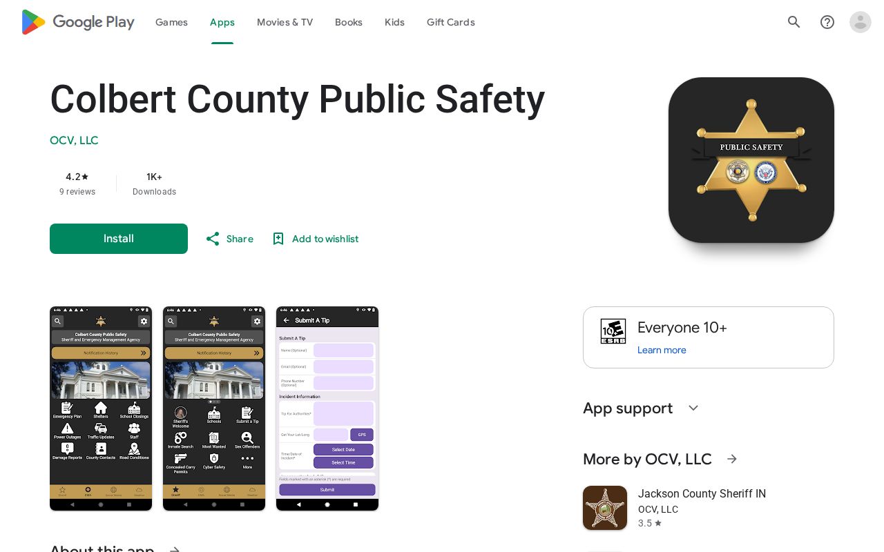 Google Play listing for the official Colbert County Public Safety app