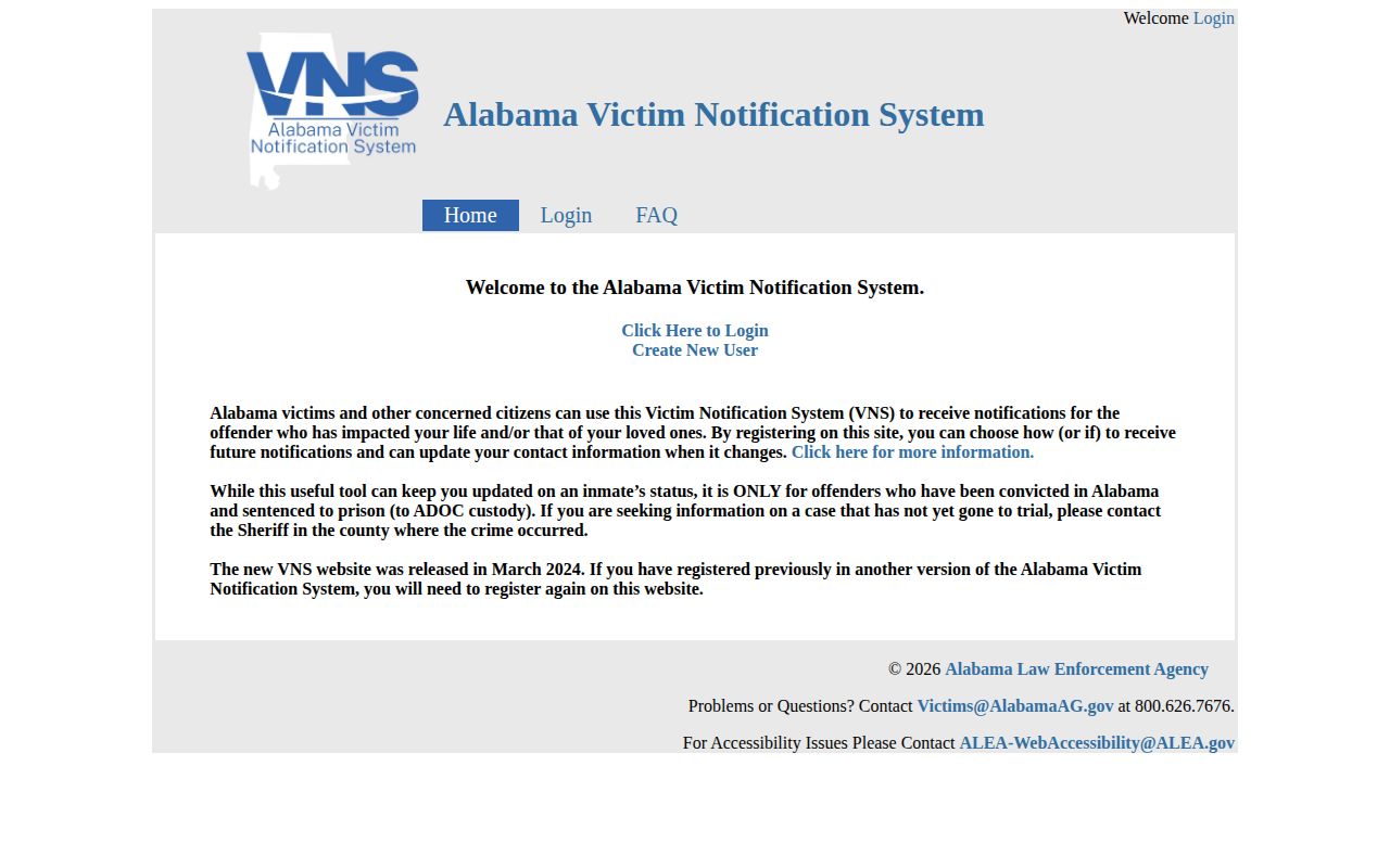 Alabama Victim Notification System home for ADOC sentenced custody alerts