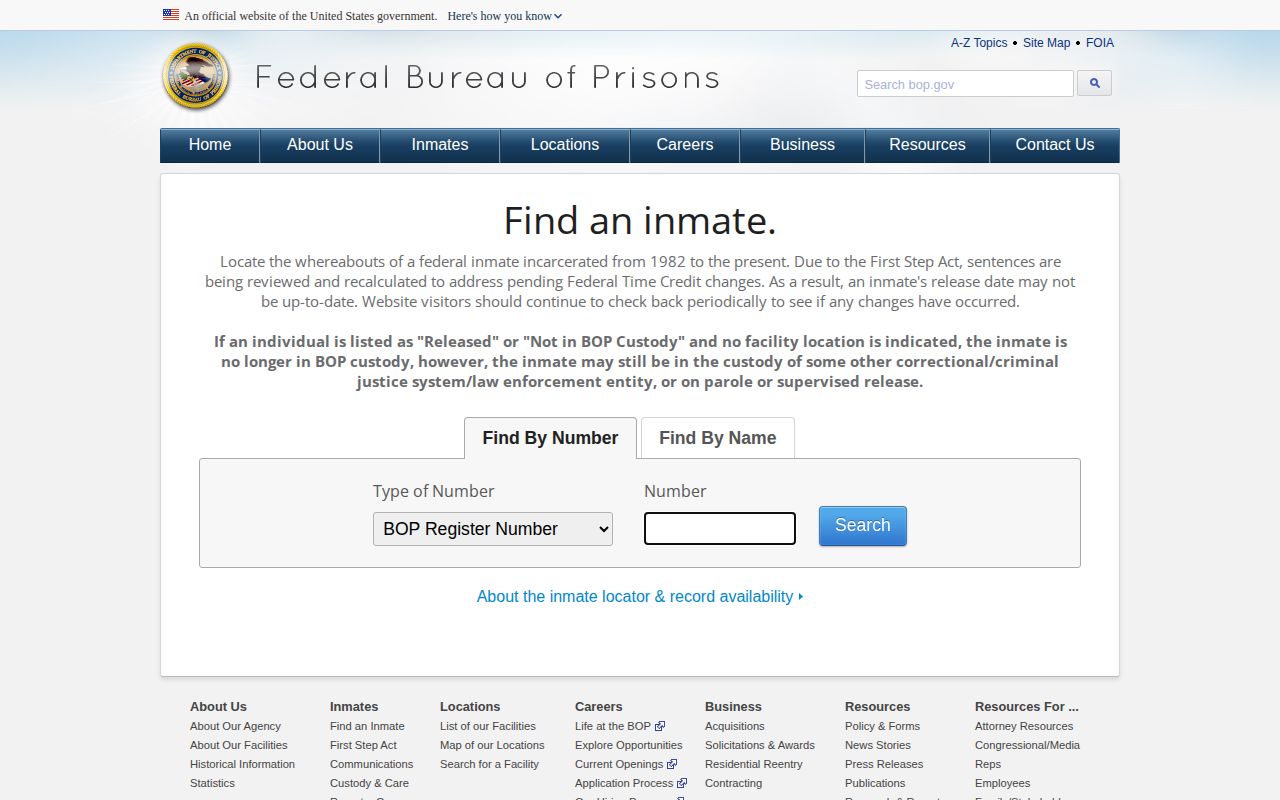 Federal Bureau of Prisons inmate locator screen with no public photo field
