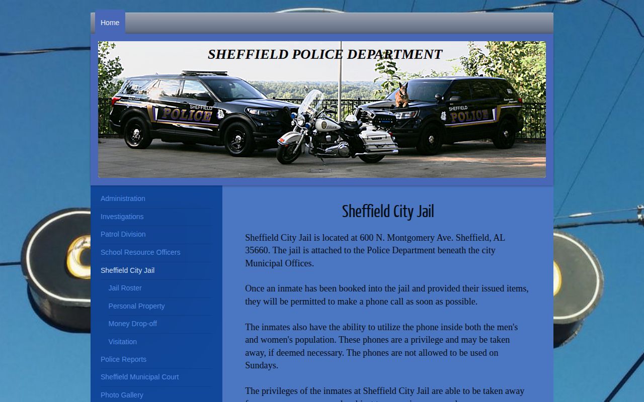 Sheffield City Jail municipal custody page on the police department site