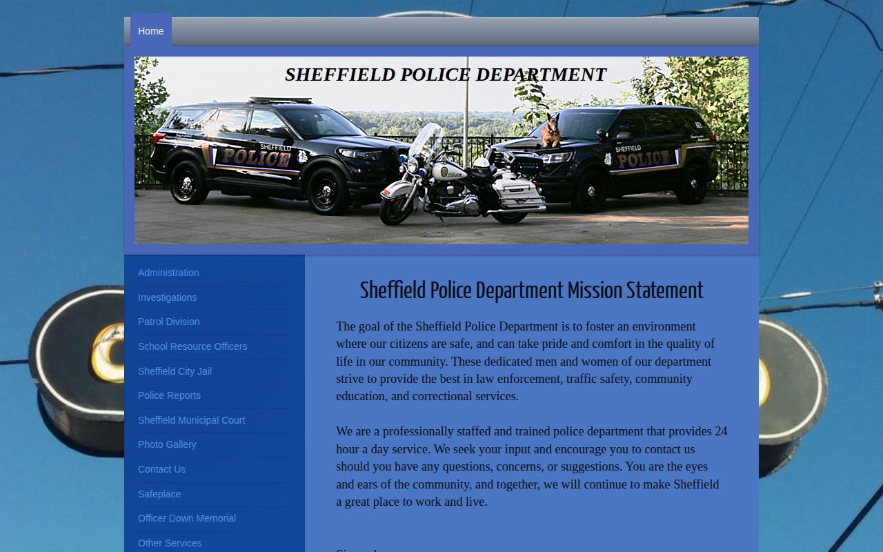 Sheffield Police Department home page with police report and city jail links