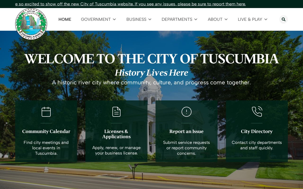 City of Tuscumbia official website home page with police department link